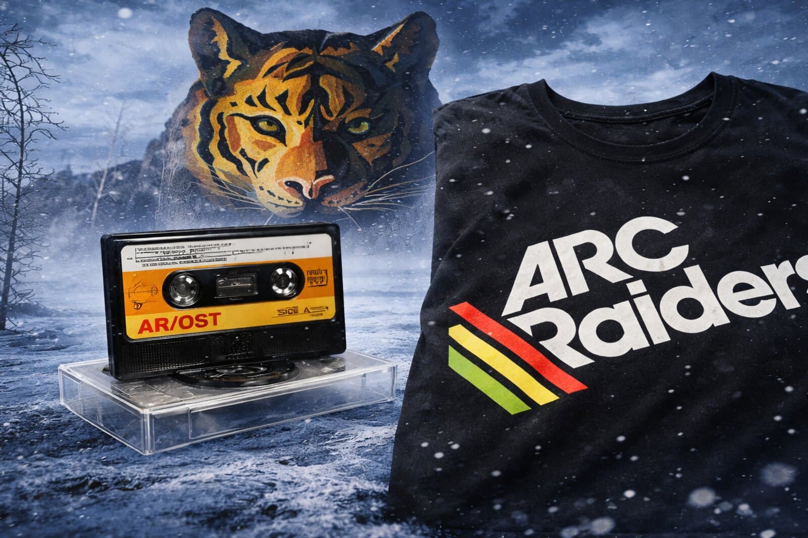 ARC Raiders-t-shirt och kassett i snölandskap med En Svensk Tigers tiger